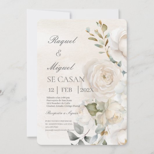 Witte bloem beige spaanse bruiloft uitnodiging (Voorkant)