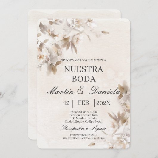 Witte bloem beige spaanse bruiloft uitnodiging (Voorkant / Achterkant)