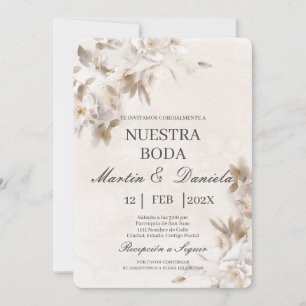 Witte bloem beige spaanse bruiloft uitnodiging