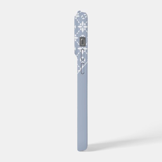 Witte bloem betegeld patroon op Dusty Blue iPhone Hoesje (Linkerkant)