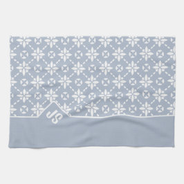 Witte bloem betegeld patroon op stoffige blauwe ra theedoek