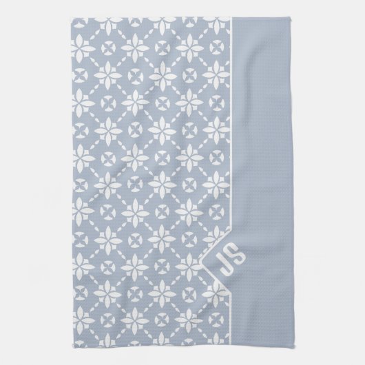 Witte bloem betegeld patroon op stoffige blauwe ra theedoek (Verticaal)