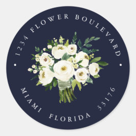 Witte Bloem Blauw Boeket Botanisch Retouradres Ronde Sticker