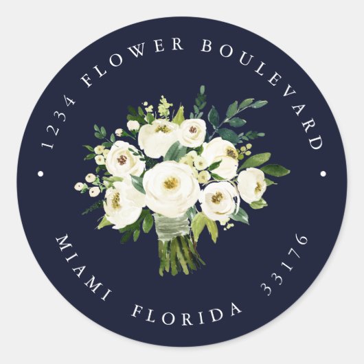Witte Bloem Blauw Boeket Botanisch Retouradres Ronde Sticker (Voorkant)