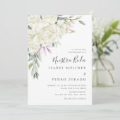 Witte Bloem Boeket Nuestra Boda Spaanse Bruiloft Kaart (Staand voorkant)