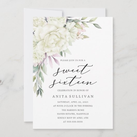 Witte Bloem Boeket Zoet Zestien 16 Verjaardag Kaart (Voorkant)