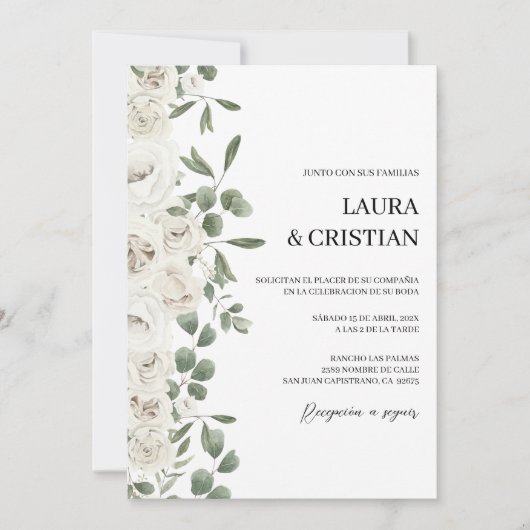 Witte bloem bruiloft uitnodiging in het Spaans (Voorkant)