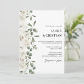 Witte bloem bruiloft uitnodiging in het Spaans (Staand voorkant)
