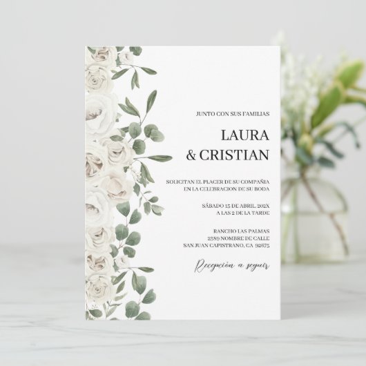 Witte bloem bruiloft uitnodiging in het Spaans (Staand voorkant)