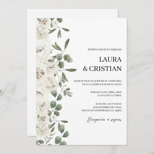 Witte bloem bruiloft uitnodiging in het Spaans (Voorkant / Achterkant)