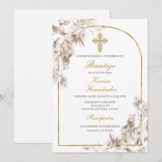 Witte bloem Doop Spaans Kaart (Voorkant / Achterkant)