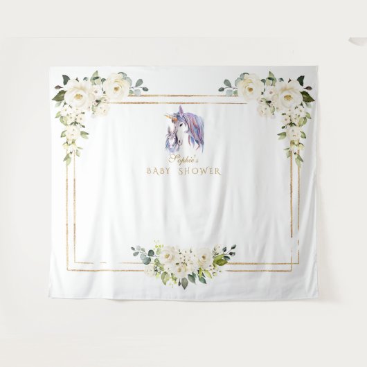 Witte Bloem Eenhoorn Fotohokje Baby Shower Wandkleed (Voorkant (horizontaal))