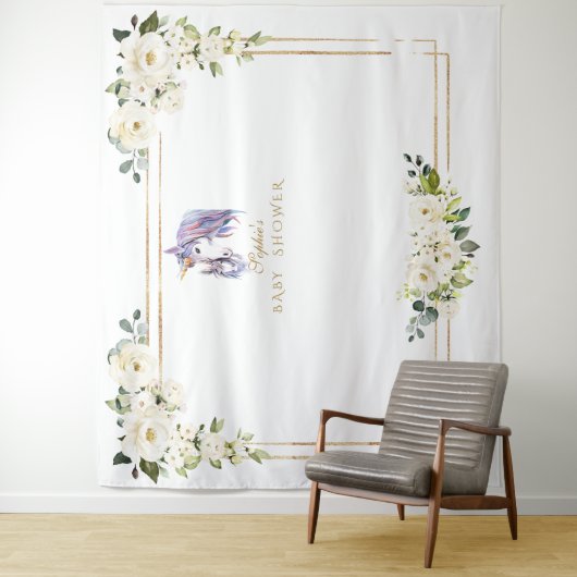 Witte Bloem Eenhoorn Fotohokje Baby Shower Wandkleed (In situ)