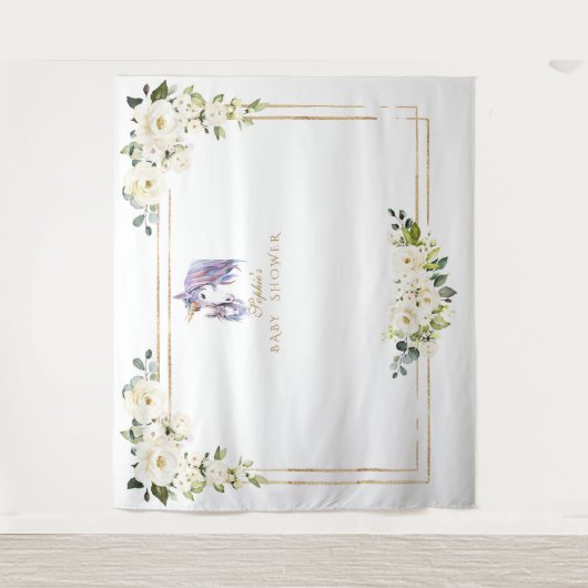 Witte Bloem Eenhoorn Fotohokje Baby Shower Wandkleed (Voorkant)
