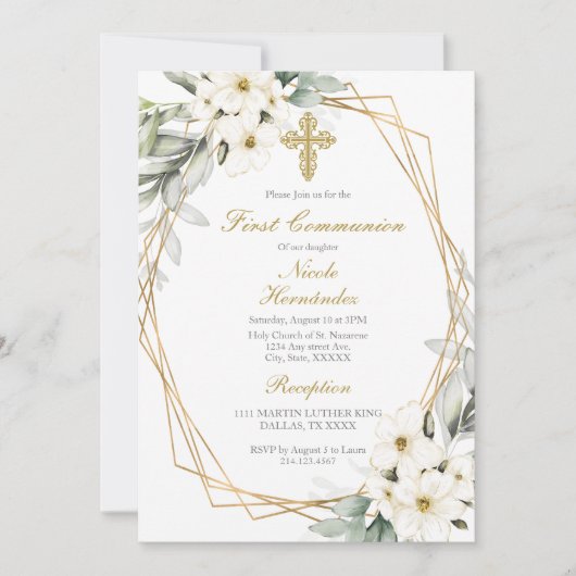 Witte bloem eerste communie uitnodiging (Voorkant)