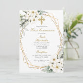 Witte bloem eerste communie uitnodiging (Staand voorkant)