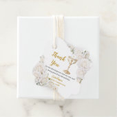 Witte bloem eerste heilige communie kelk foto bedankjes labels (In situ)