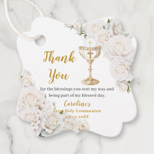 Witte bloem eerste heilige communie kelk foto bedankjes labels (Voorkant)