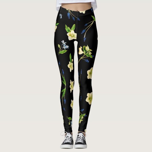 Witte bloem en blauwe toppen bloemenpatroon leggings (Voorkant)