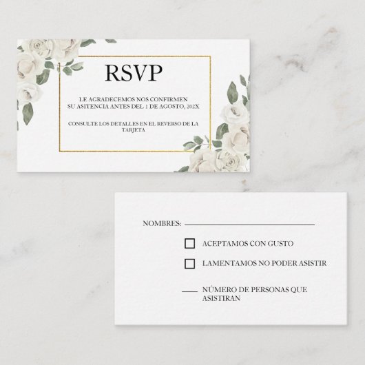 Witte bloem en groen bruiloft RSVP Kaart (Voorkant / Achterkant)