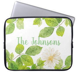 Witte Bloem en Groene Bladeren Tuin Laptop Sleeve