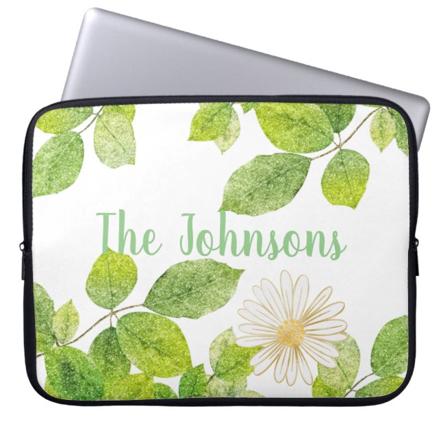 Witte Bloem en Groene Bladeren Tuin Laptop Sleeve (Voorkant)