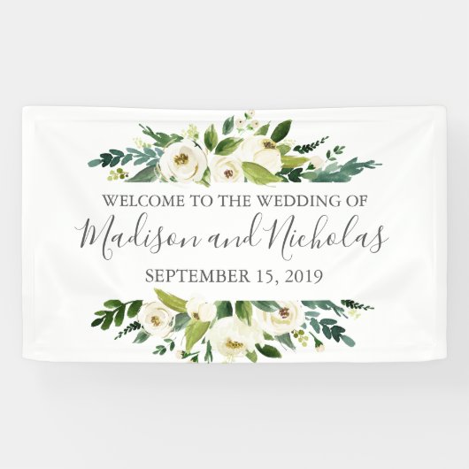 Witte Bloem en Groene Bruiloft Banner Decoratie (Horizontaal)
