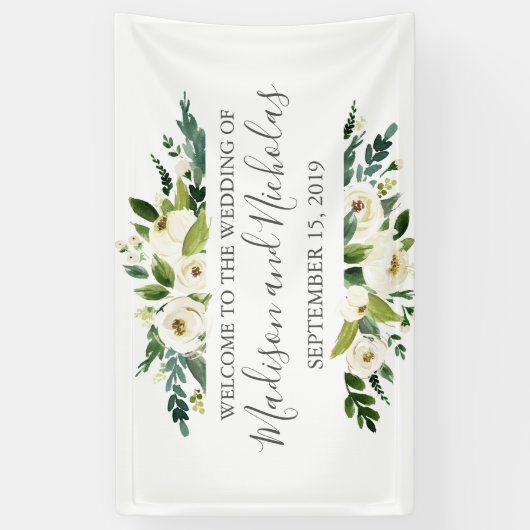 Witte Bloem en Groene Bruiloft Banner Decoratie (Verticaal)