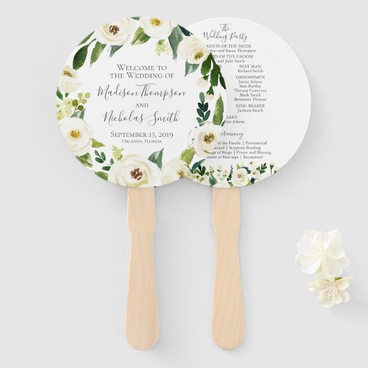 Witte Bloem en Groene Huwelijksprogramma Circle Fa Handwaaier (Voorkant en achterkant)