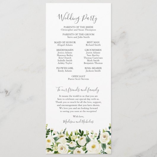 Witte Bloem en Groene Huwelijksprogramma Kaarten (Achterkant)