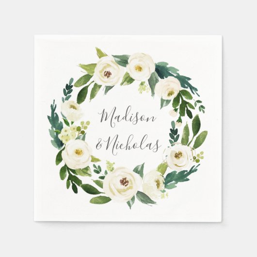 Witte bloem en groene krans bruiloft servetten (Voorkant)