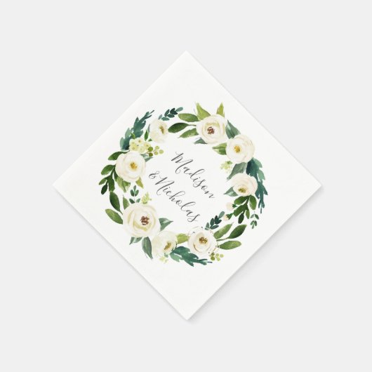Witte bloem en groene krans bruiloft servetten (Hoek)