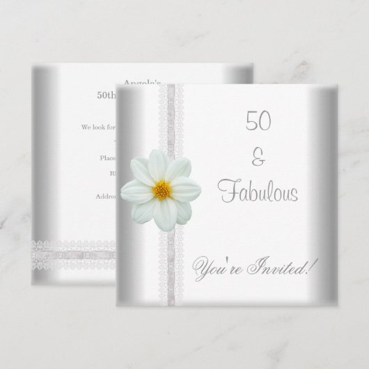 Witte Bloem Fabulous 50ste Verjaardag Party Kant Kaart (Voorkant / Achterkant)