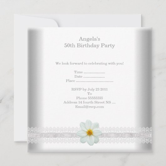 Witte Bloem Fabulous 50ste Verjaardag Party Kant Kaart (Achterkant)