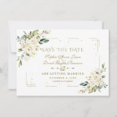 Witte Bloem Goud Glitter Frame Confetti Bruiloft Save The Date (Voorkant)