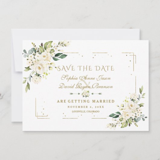 Witte Bloem Goud Glitter Lijst Confetti Bruiloft Save The Date (Voorkant)
