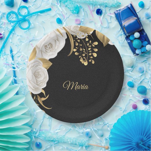 witte bloem goudblad zwart papieren bordje (Feest)