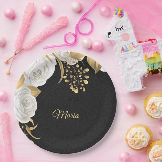 witte bloem goudblad zwart papieren bordje (Feest)