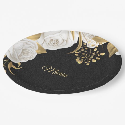 witte bloem goudblad zwart papieren bordje (Gekanteld)