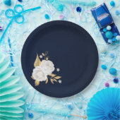 witte bloem goudbladeren blauw papieren bordje (Feest)