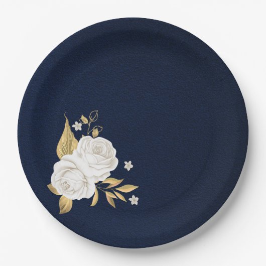 witte bloem goudbladeren blauw papieren bordje (Voorkant)