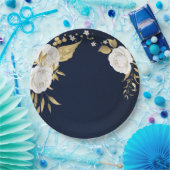 witte bloem goudbladeren blauw papieren bordje (Feest)