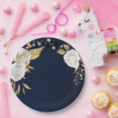 witte bloem goudbladeren blauw papieren bordje (Feest)