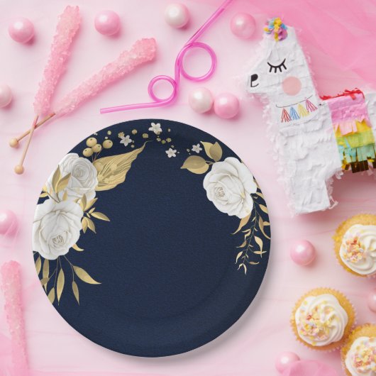 witte bloem goudbladeren blauw papieren bordje (Feest)