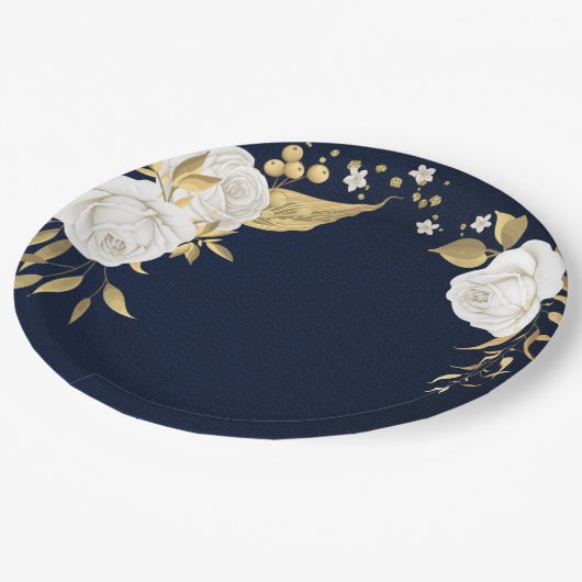 witte bloem goudbladeren blauw papieren bordje (Gekanteld)