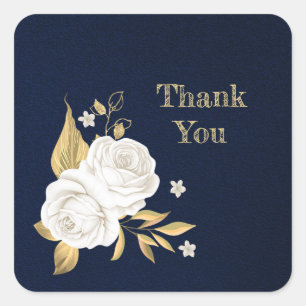 witte bloem goudbladeren blauw vierkante sticker