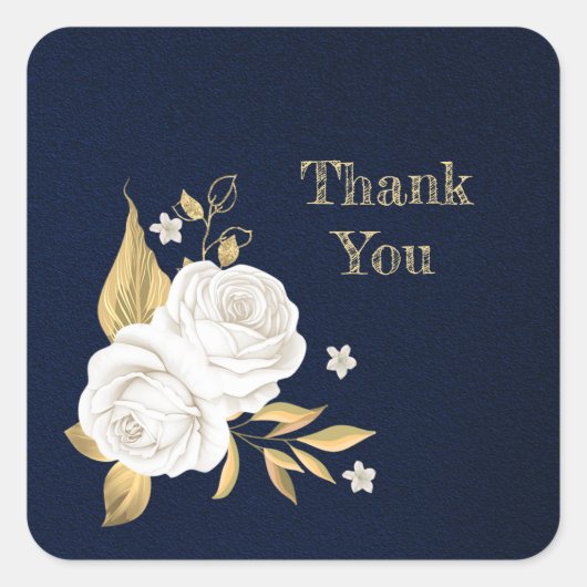 witte bloem goudbladeren blauw vierkante sticker (Voorkant)