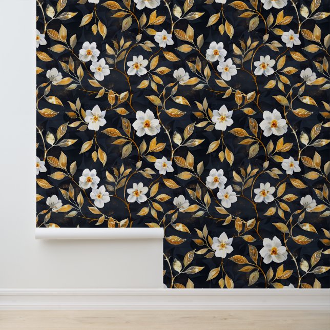 Witte bloem Gouden blad op zwart Behang (Applicatie)
