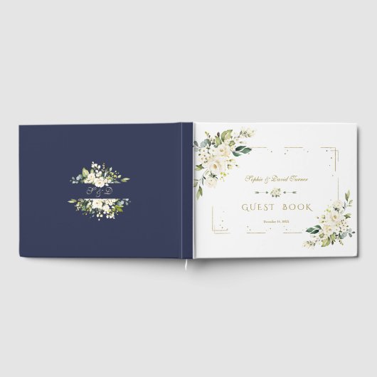 Witte bloem gouden glitters kader Navy bruiloft Gastenboek (Volledig)