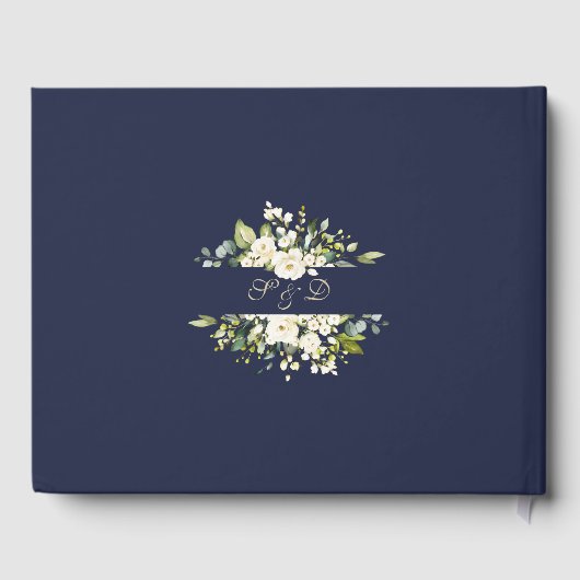 Witte bloem gouden glitters kader Navy bruiloft Gastenboek (Achterkant)